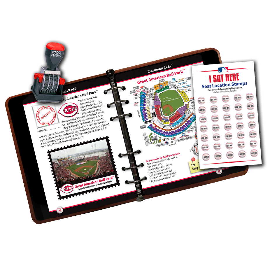 MLB Ballpark Pass-Port Book open with "I Sat Here" stickers